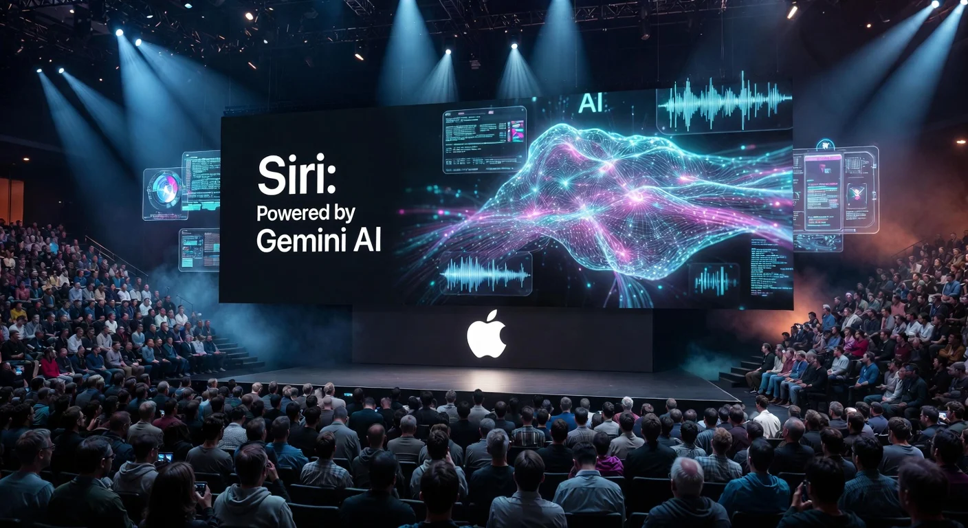 Illustration of Apple's WWDC announcement of Gemini-powered Siri overhaul