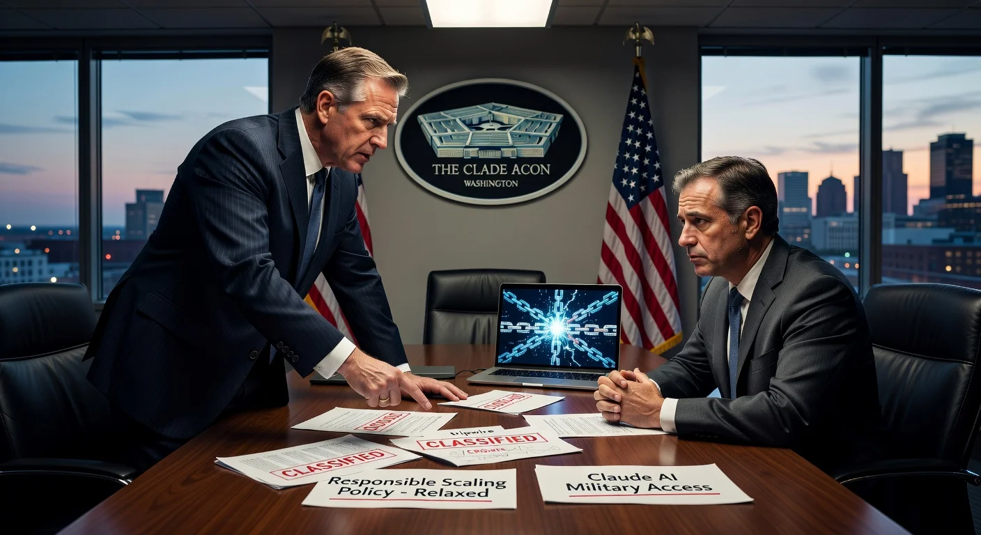 Tense meeting between US Defense Secretary and Anthropic CEO over AI safety policy relaxation and military access.