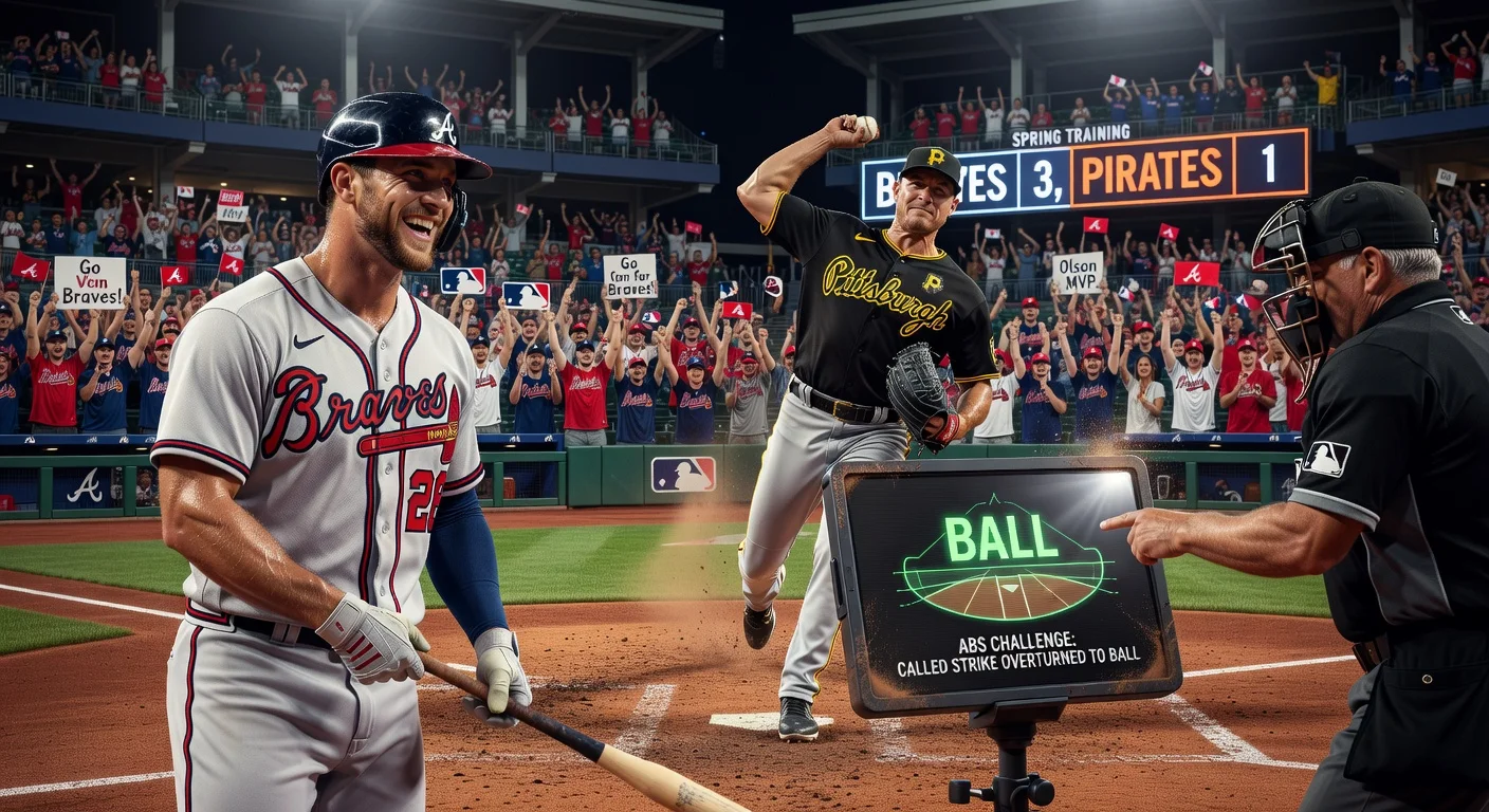 Matt Olson celebrates as MLB's ABS system overturns a strike call against Paul Skenes in Braves' 3-1 win over Pirates.