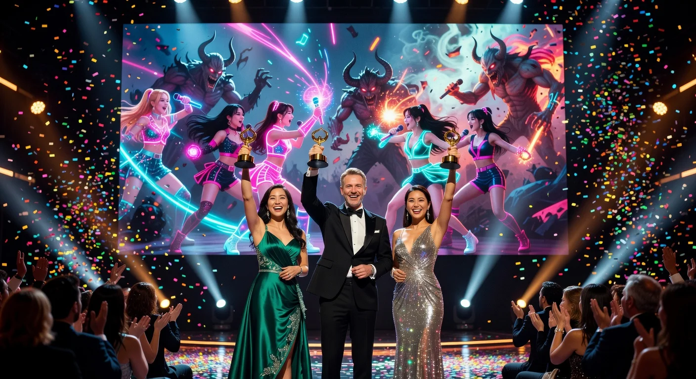 Directors Maggie Kang, Chris Appelhans, and voice actor Arden Cho celebrate KPop Demon Hunters' 10 Annie Awards wins on stage with animated film visuals in background.