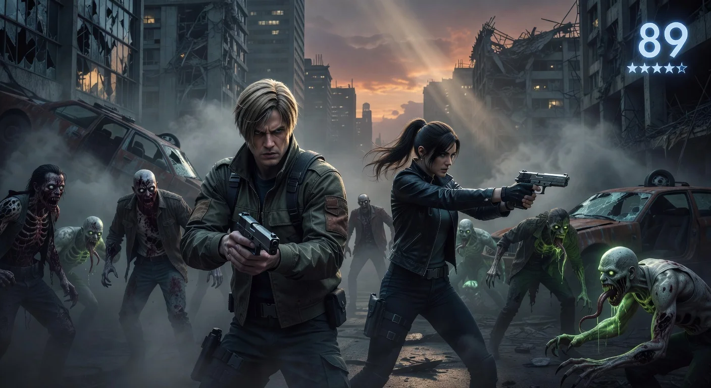 Photorealistic scene of Leon S. Kennedy and Grace Ashcroft battling zombies in Raccoon City ruins, symbolizing Resident Evil Requiem's strong pre-launch reviews.