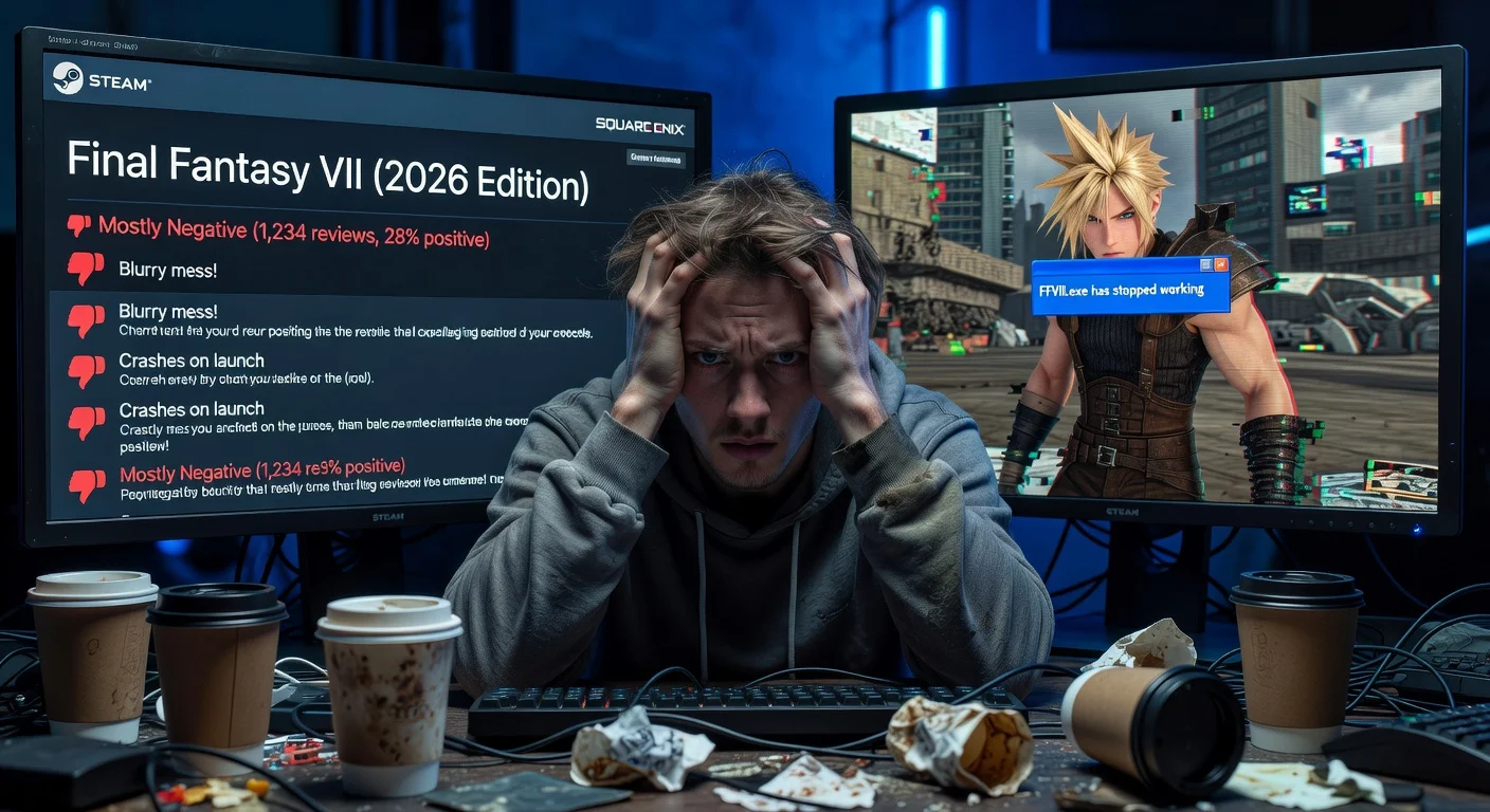 Frustrated gamer views Steam page of Final Fantasy VII 2026 edition amid negative reviews for blurry visuals and crashes.