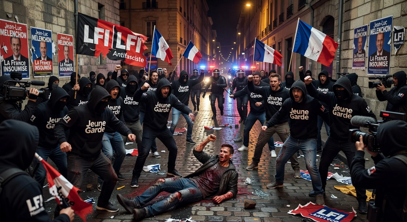 Dramatic illustration of Lyon street violence between nationalists and LFI-allied antifascists after Quentin Deranque's death.