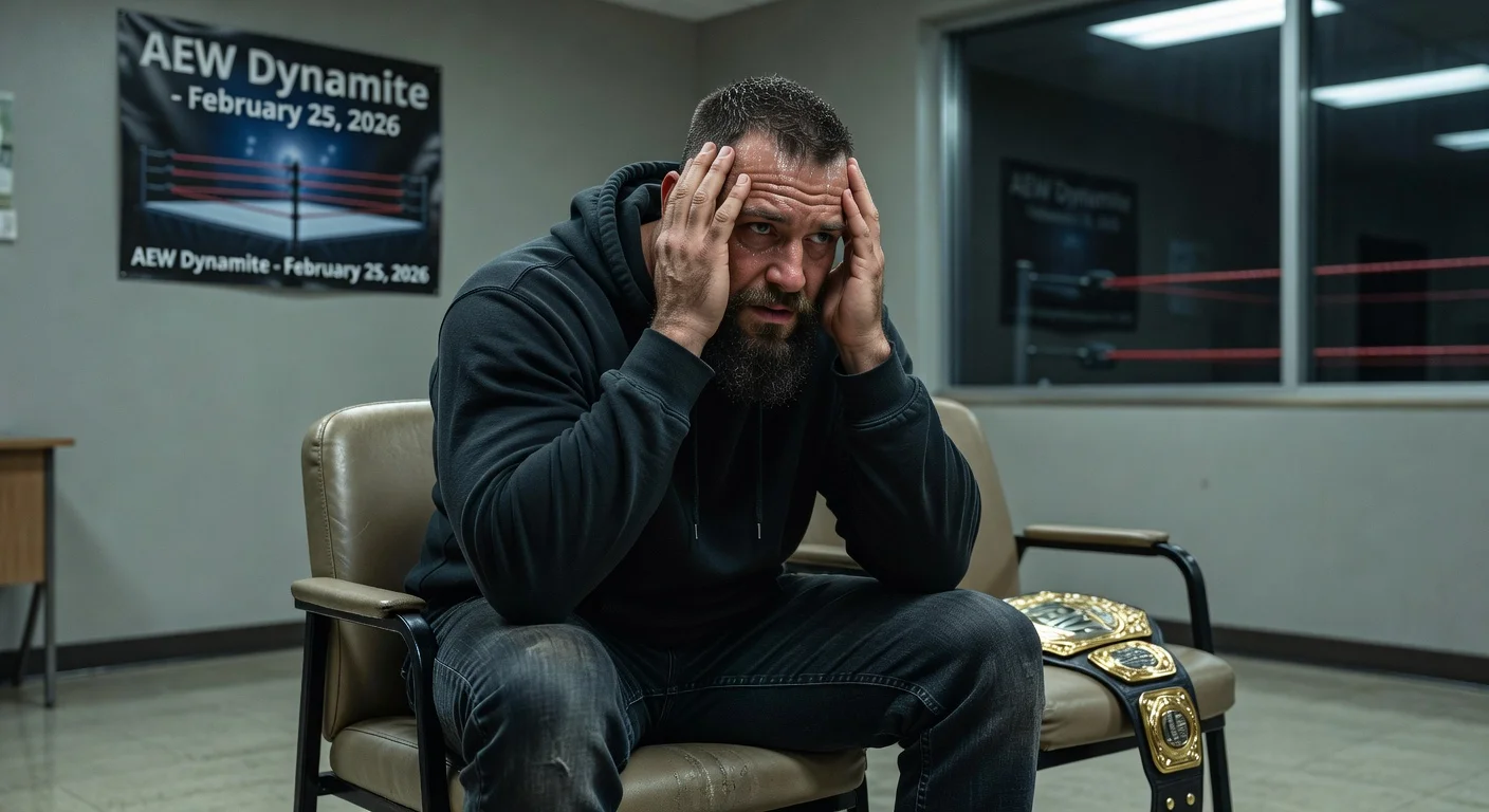 Eddie Kingston grimacing in pain from migraines, sidelined from AEW Dynamite, in a realistic news illustration.