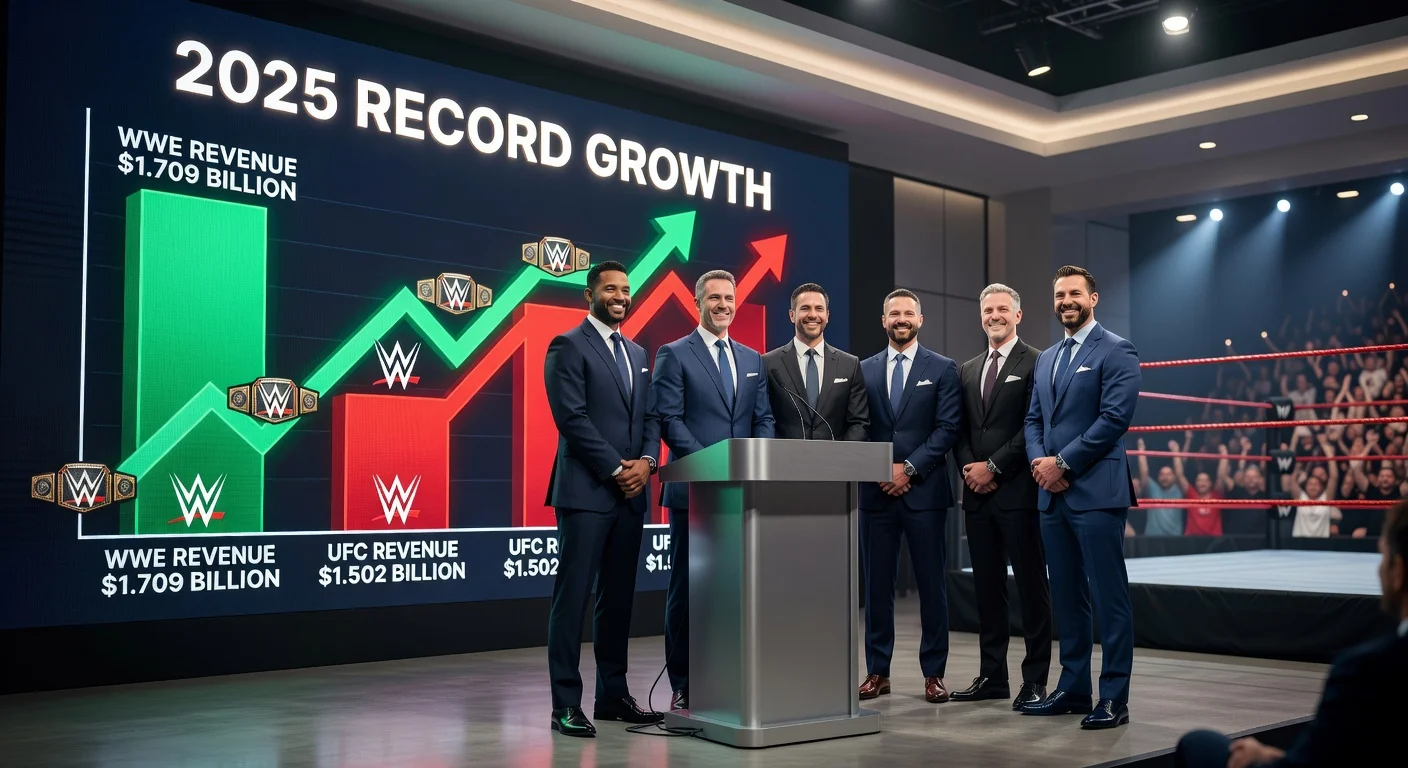 TKO executives announcing 2025 financial results, with charts showing WWE's $1.709B revenue surpassing UFC's $1.502B.