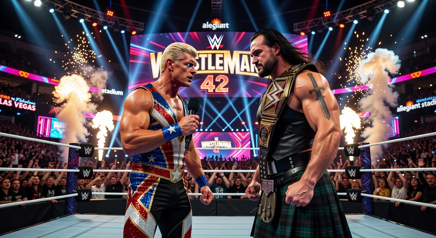 Cody Rhodes confronts Drew McIntyre in WrestleMania ring, poised for championship rematch in Las Vegas.