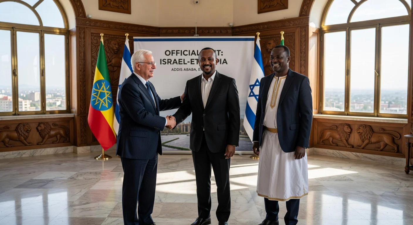 Israeli President Isaac Herzog shakes hands with Ethiopian Prime Minister Abiy Ahmed and President Taye Atske Selassie during official visit to Ethiopia.