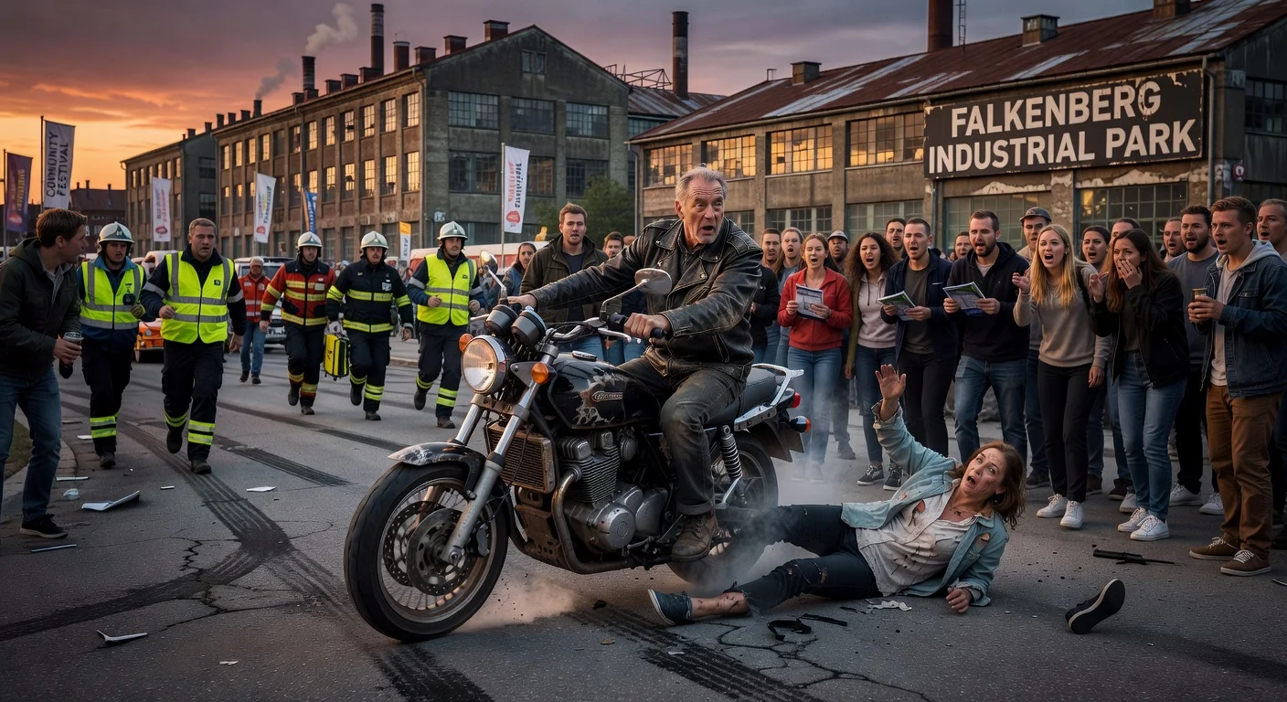 Photorealistic illustration of a motorcycle accident scene in an industrial area at dusk, showing a lost control bike heading into spectators with one injured woman.