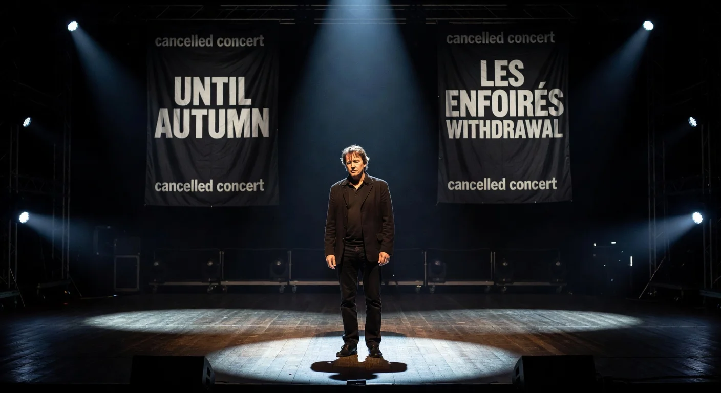Patrick Bruel on an empty stage with canceled concert posters, illustrating his concert cancellations due to allegations.