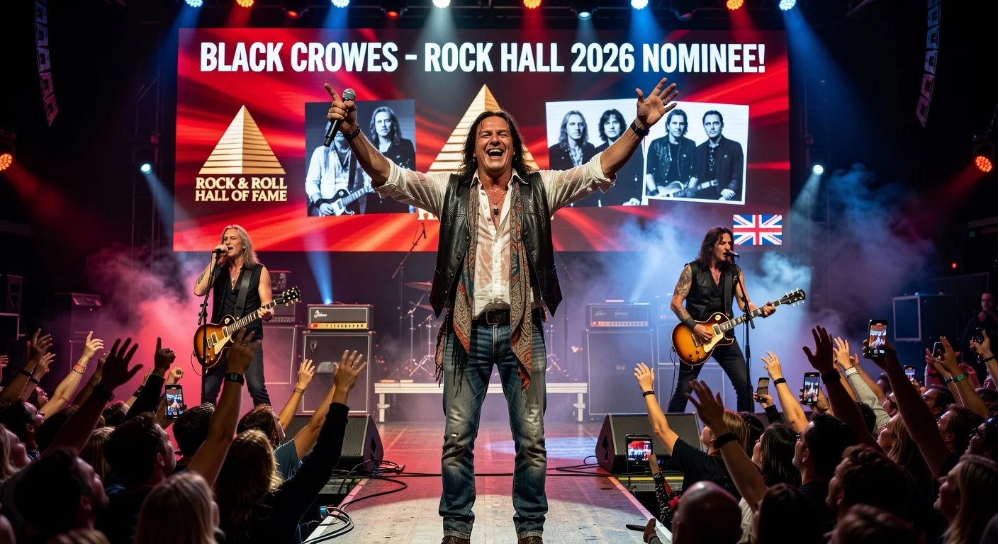 Chris Robinson of The Black Crowes celebrates their second Rock & Roll Hall of Fame nomination on a vibrant concert stage.