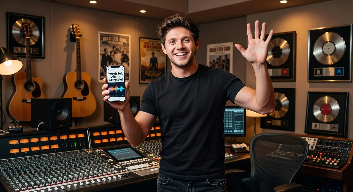 Niall Horan in a recording studio, joyfully sharing his fourth solo album completion on social media with a music snippet.
