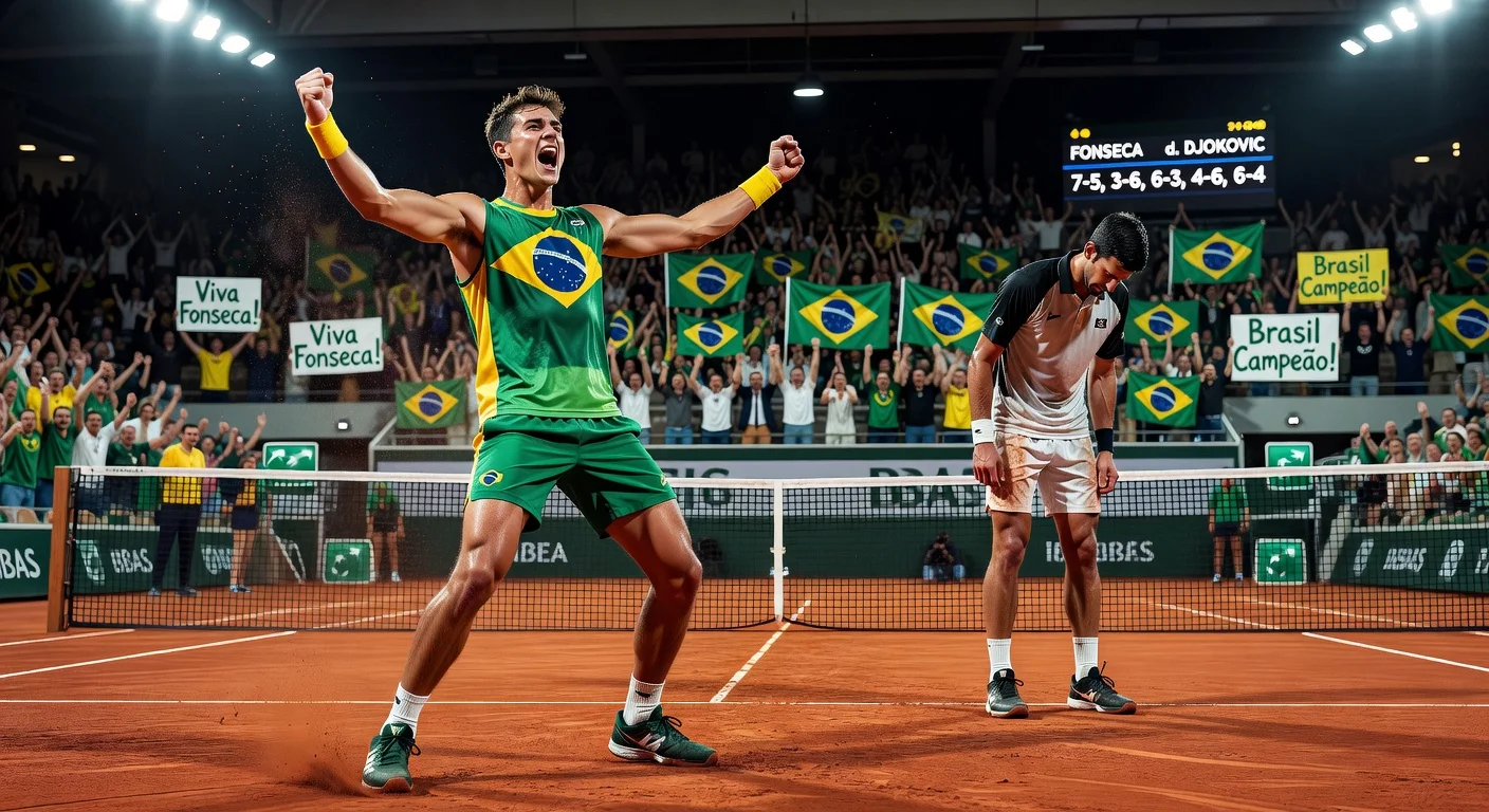 João Fonseca celebrating his win against Novak Djokovic at Roland Garros
