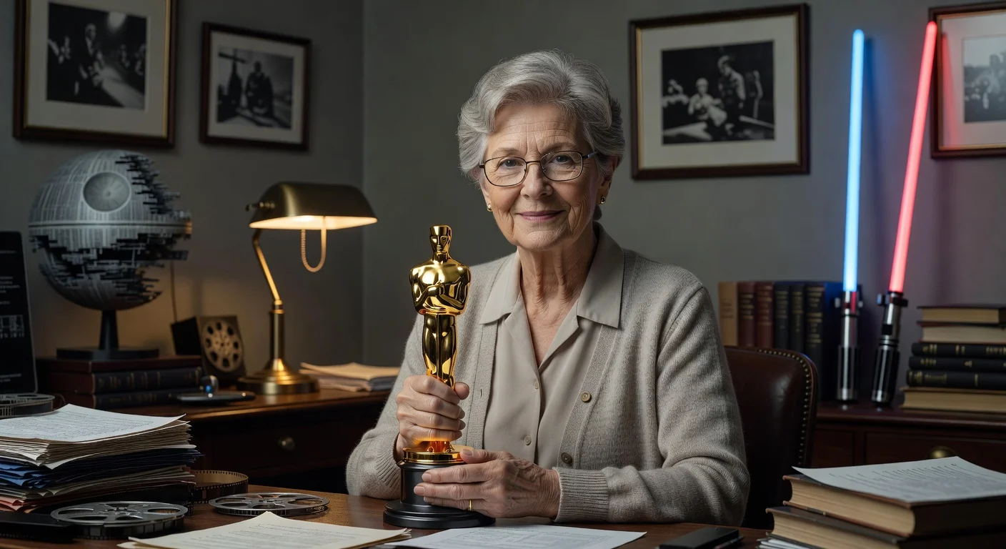 Portrait of Marcia Lucas holding an Oscar with Star Wars elements in the background