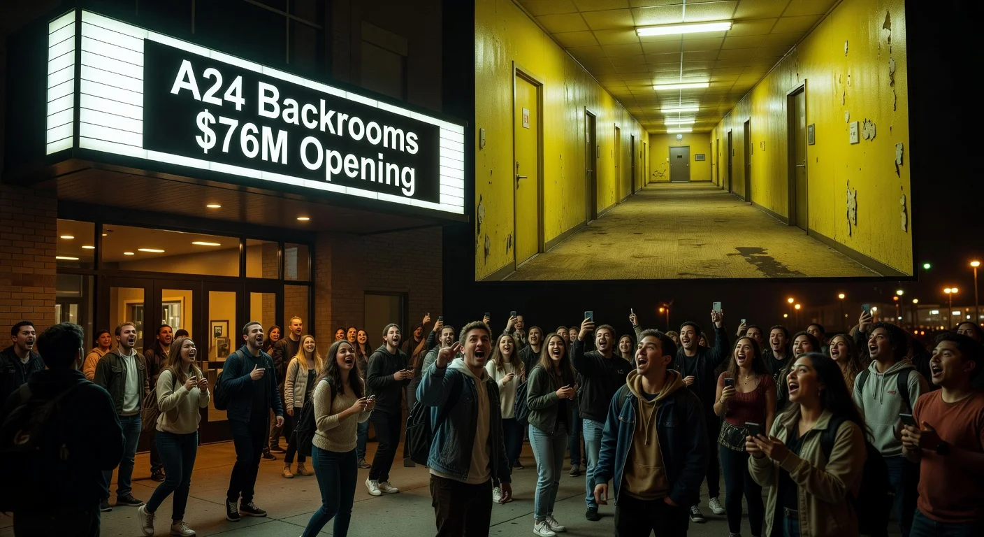 Illustration of a movie theater showing the horror film Backrooms with box office success highlighted.