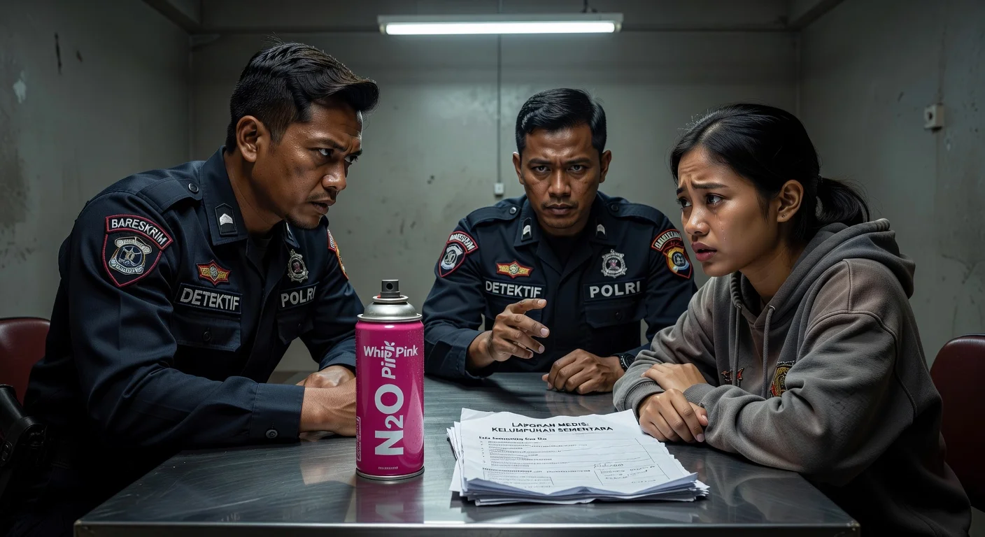 Indonesian police interrogating a YouTuber's assistant about Whip Pink nitrous oxide paralysis incident.