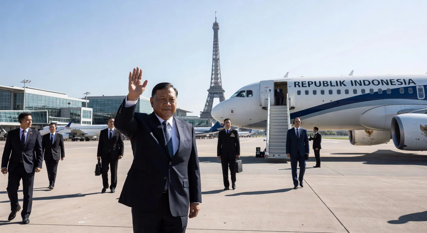 President Prabowo Subianto waving at Paris airport before departing to Jakarta