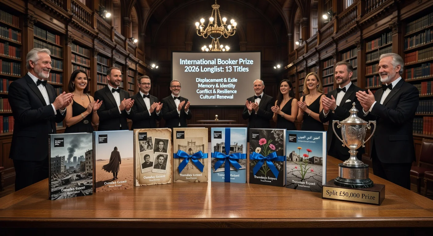 Photorealistic illustration depicting the International Booker Prize 2026 longlist announcement with diverse global books symbolizing themes of war, exile, memory, and renewal.