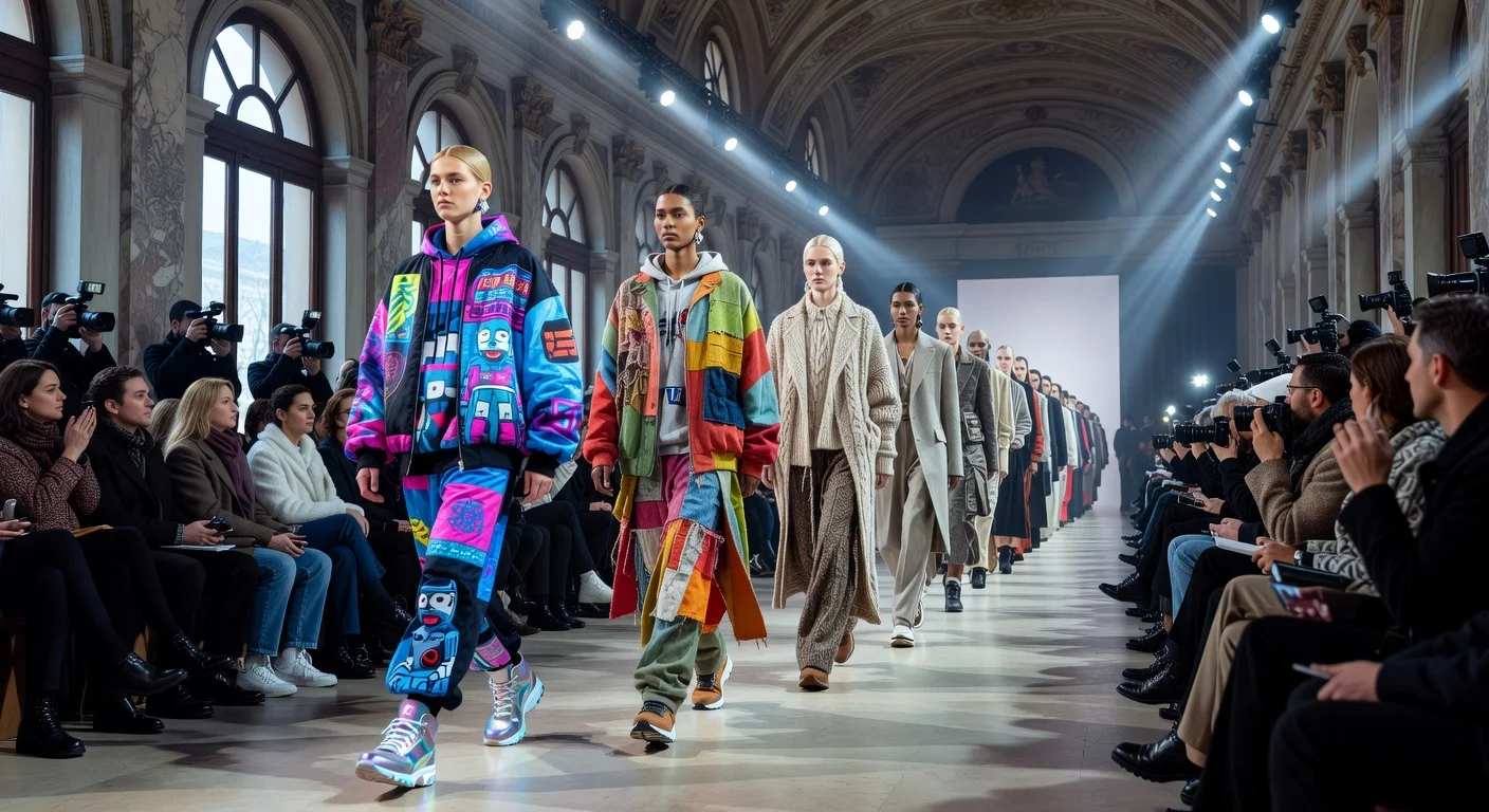 Runway scene from Milan Fashion Week Fall 2026, highlighting Onitsuka Tiger, Ahluwalia, and Brunello Cucinelli collections with cultural and sustainable fashion elements.