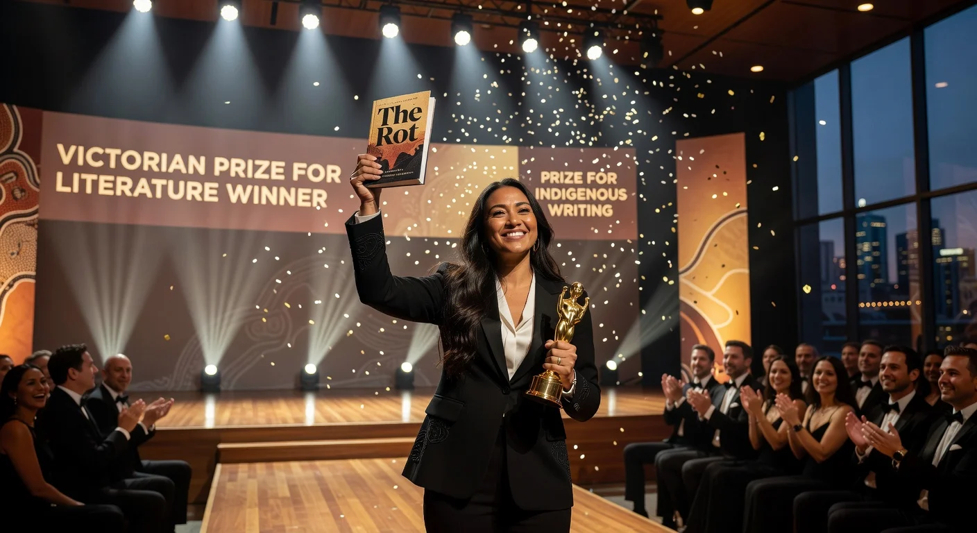 Evelyn Araluen holds her award-winning book 'The Rot' and trophy after winning the Victorian Prize for Literature at the Melbourne ceremony.
