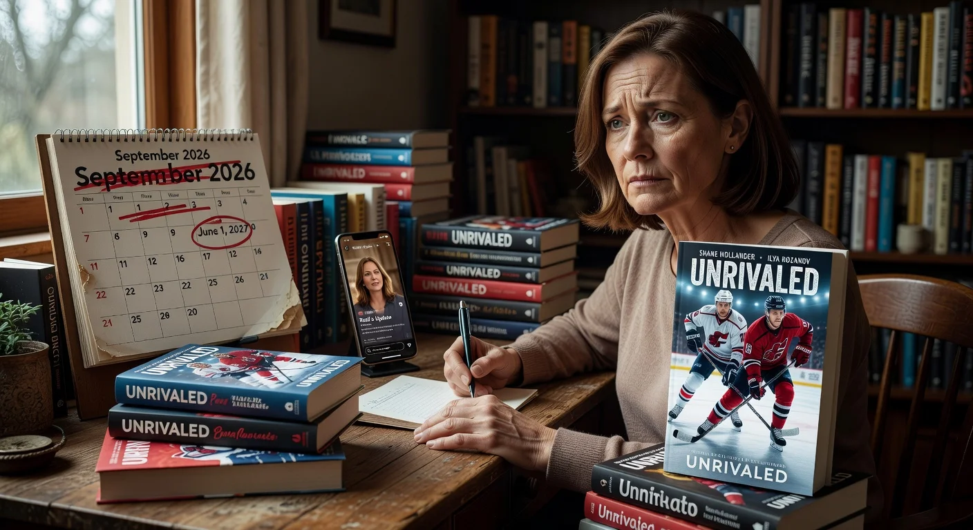 Illustration of author Rachel Reid at her desk, announcing delay of 'Unrivaled' book due to Parkinson's, with calendar, novels, and Instagram phone.