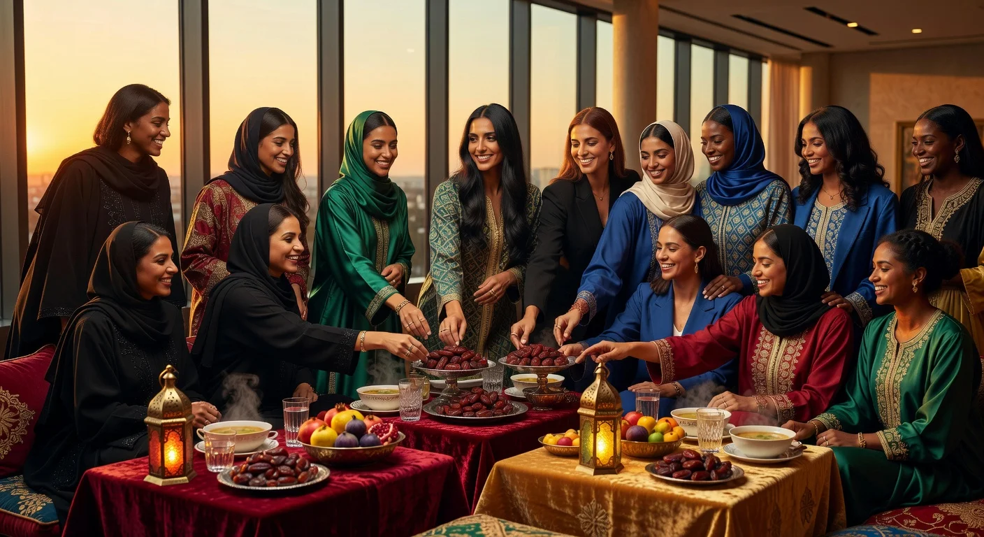 Kazna Asker and London Fashion Week attendees sharing Ramadan iftar at sunset during her culturally inspired show.