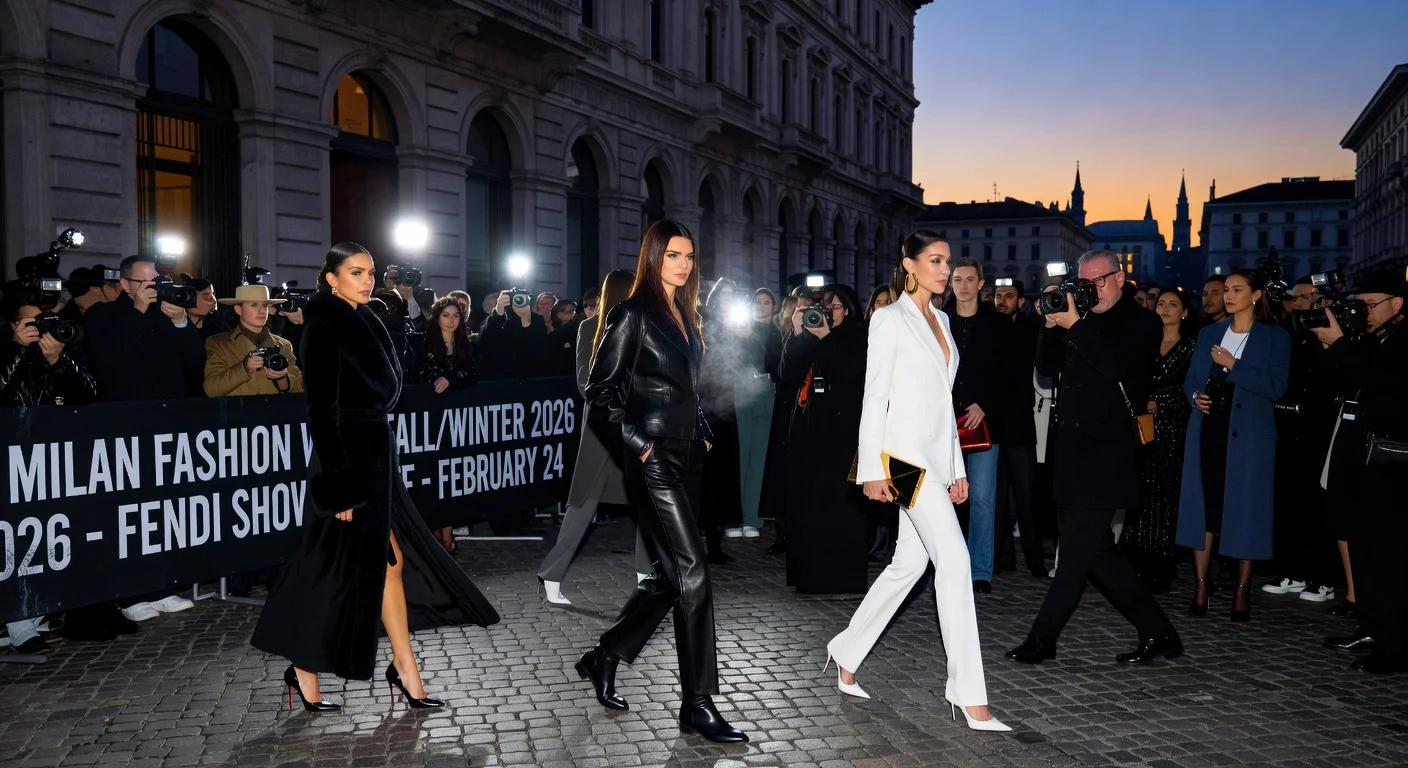 Celebrities Kendall Jenner, Bella Hadid, and Jessica Alba showcasing stylish looks at Milan Fashion Week 2026 opening.