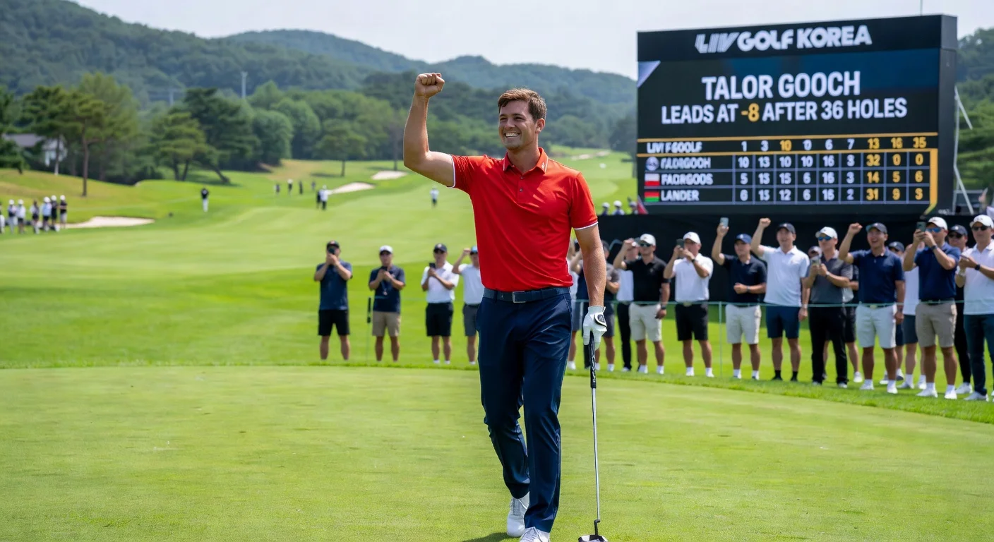 Talor Gooch celebrating his lead at LIV Golf Korea in Busan