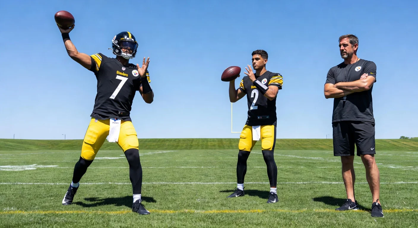 Pittsburgh Steelers quarterbacks practicing during OTAs with Aaron Rodgers.