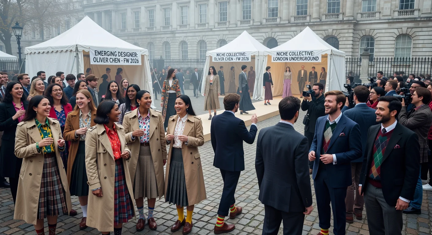 Street style at London Fashion Week Fall/Winter 2026, featuring modern British prep looks with trench coats, button-downs, and quirky thrift twists amid a community-focused crowd.