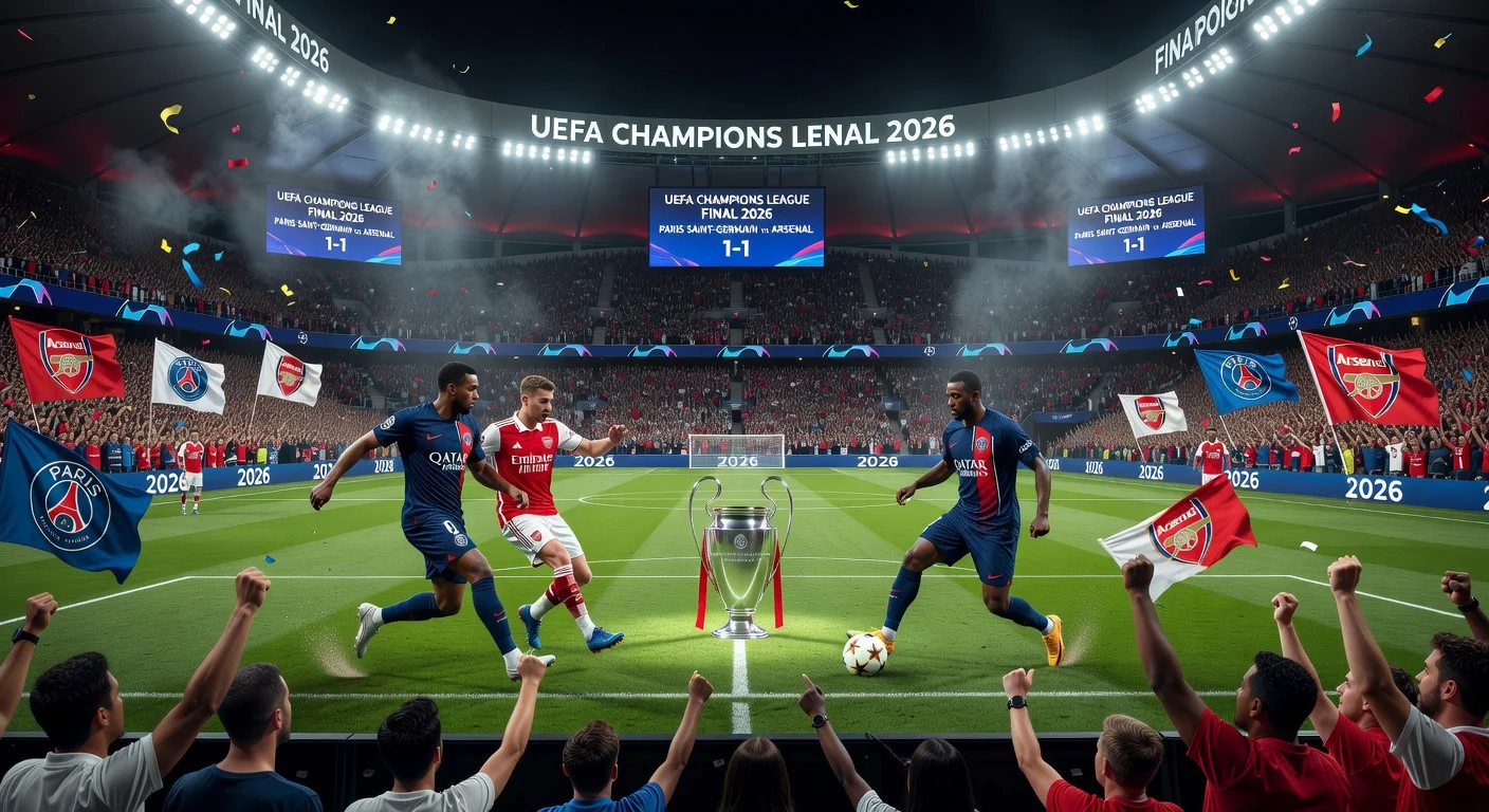 Illustration of PSG and Arsenal players competing in the Champions League final at Puskas Arena.