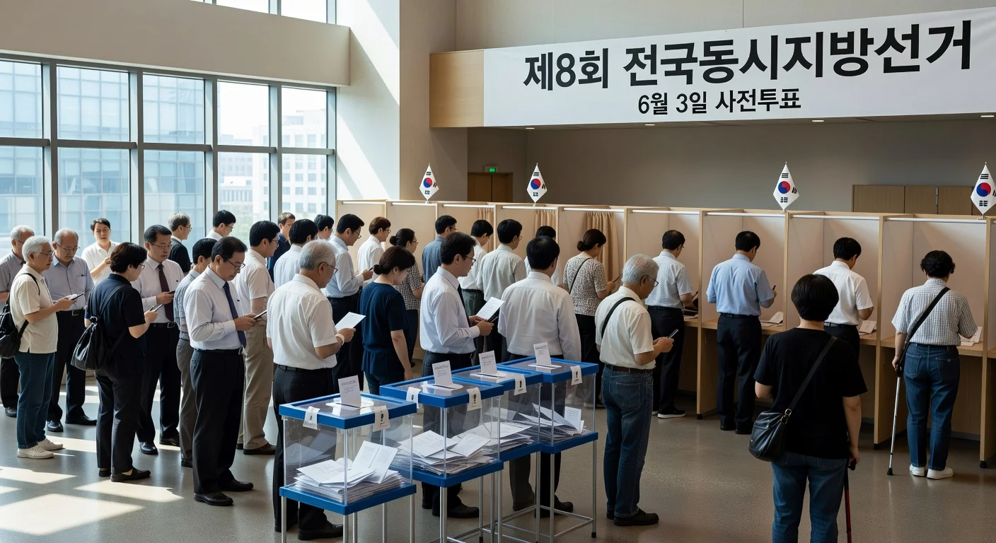 South Koreans lining up to vote early at a polling station in Seoul for local elections.