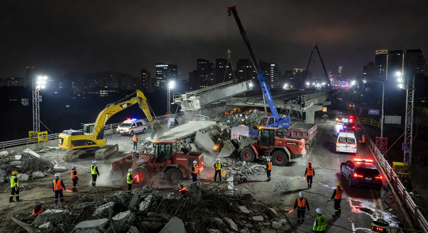 Night scene of the completed demolition of the Seosomun Overpass in Seoul with construction equipment and workers.
