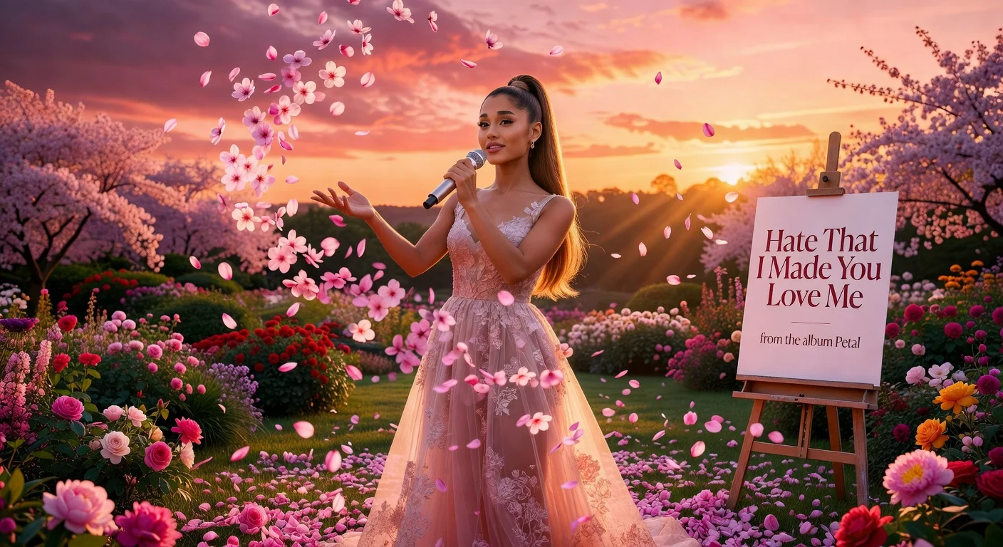 Illustration of Ariana Grande with falling petals promoting her new single Hate That I Made You Love Me