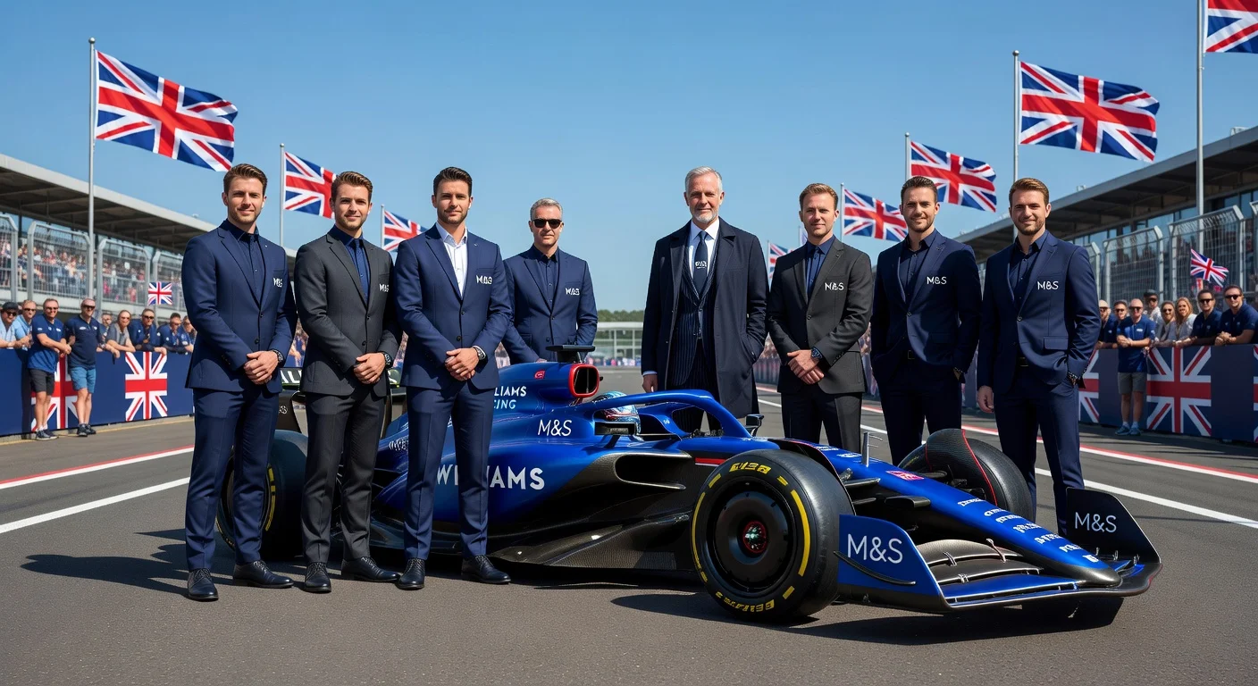 Williams F1 team in M&S high-performance clothing at Silverstone, illustrating new partnership.