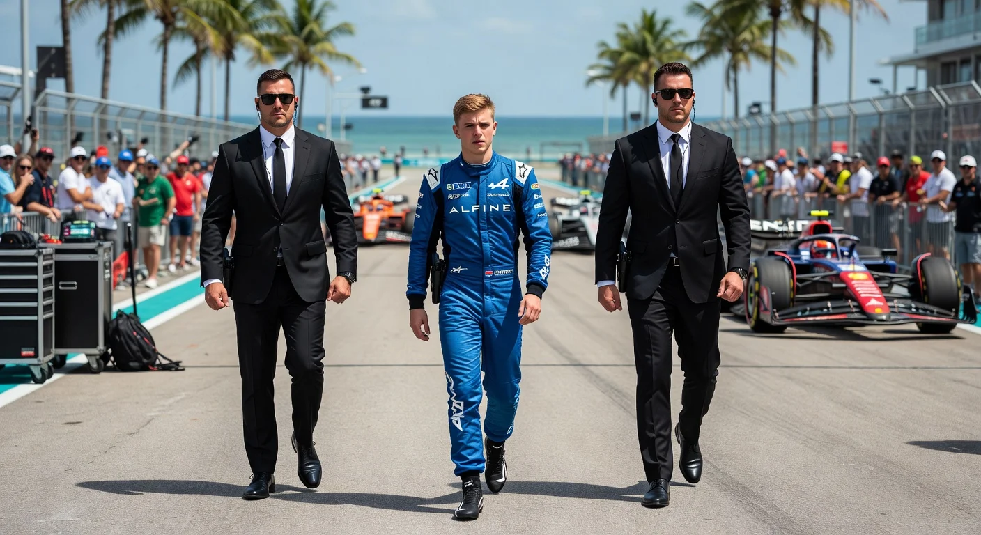 Jack Doohan, former Alpine F1 driver, escorted by armed security at 2025 Miami Grand Prix amid death threats.