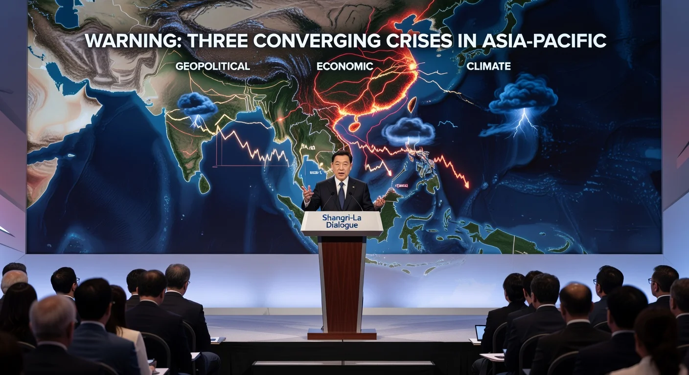 Vietnam President To Lam at Shangri-La Dialogue podium with crisis map in background