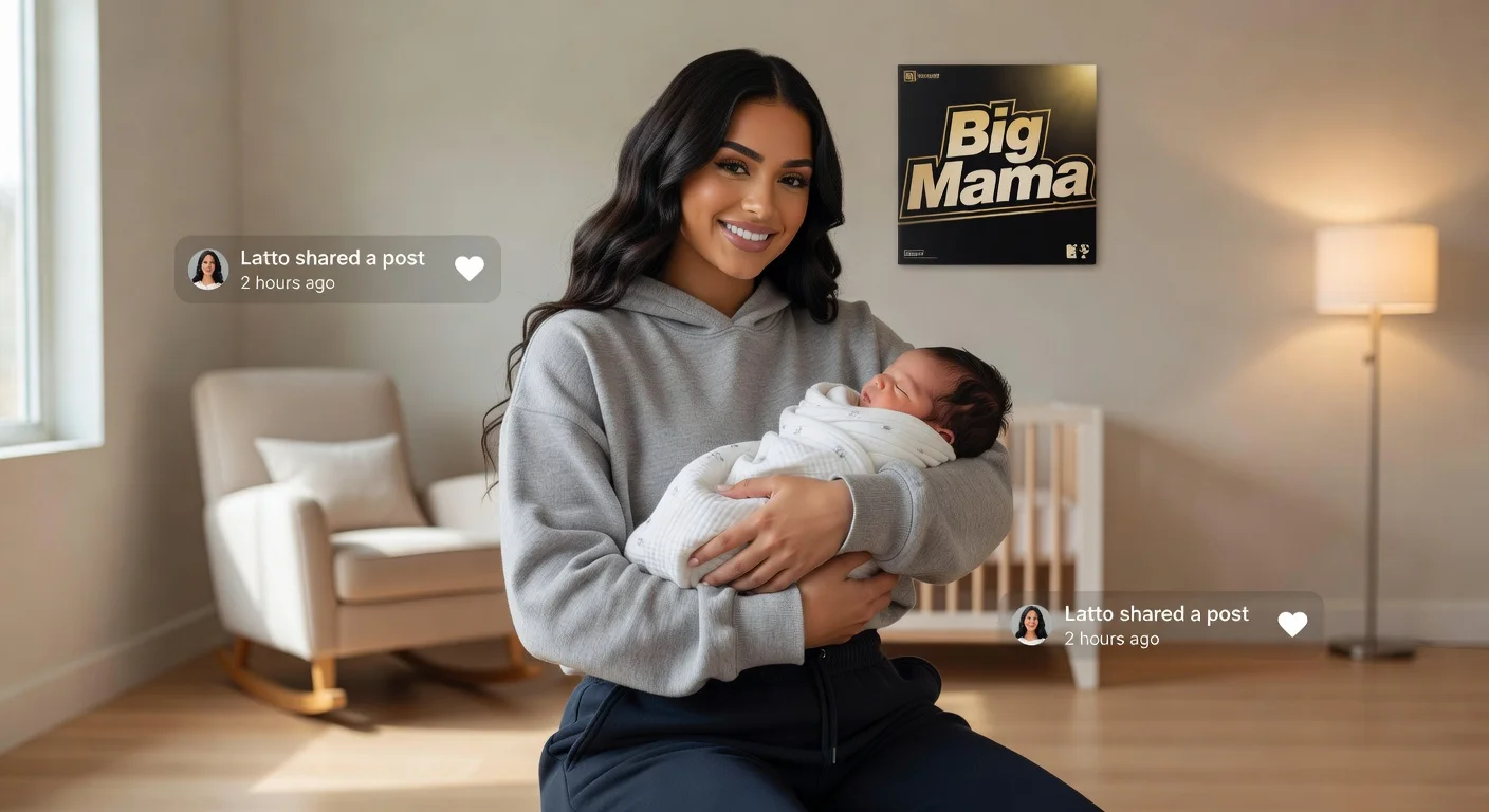 Rapper Latto holding her newborn daughter in a cozy nursery with album references visible.