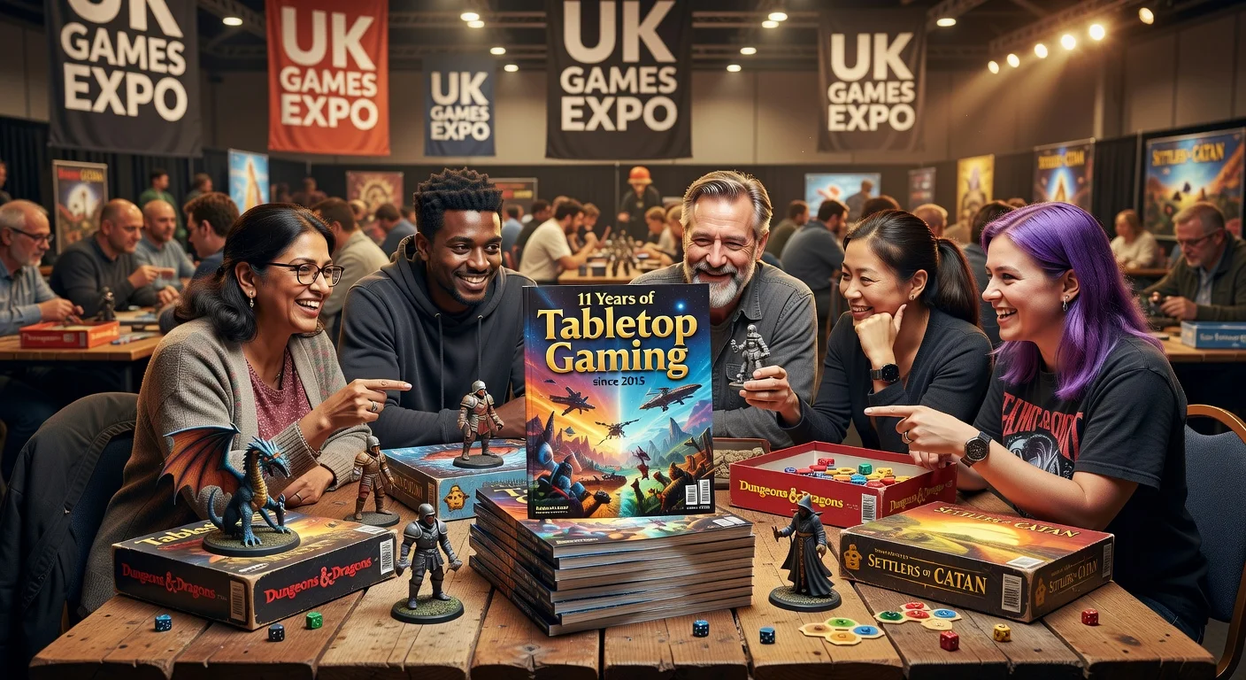 Realistic illustration of Tabletop Gaming magazine's 11th anniversary with editors, magazines, and board games at UK Games Expo.