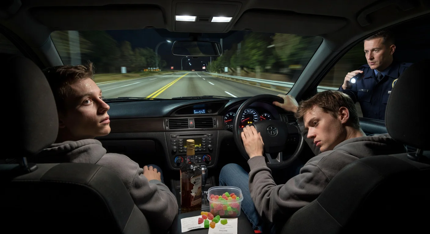 Photorealistic illustration of impaired driving from mixing cannabis and alcohol, featuring a simulator and sobriety test.