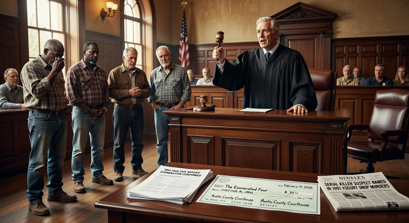 Courtroom scene showing four men exonerated in the 1991 yogurt shop murders case