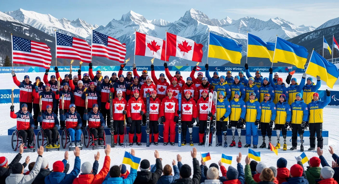 Diverse Paralympic athletes from USA, Canada, and Ukraine celebrating roster announcements for 2026 Milano Cortina Winter Games on a snowy podium.