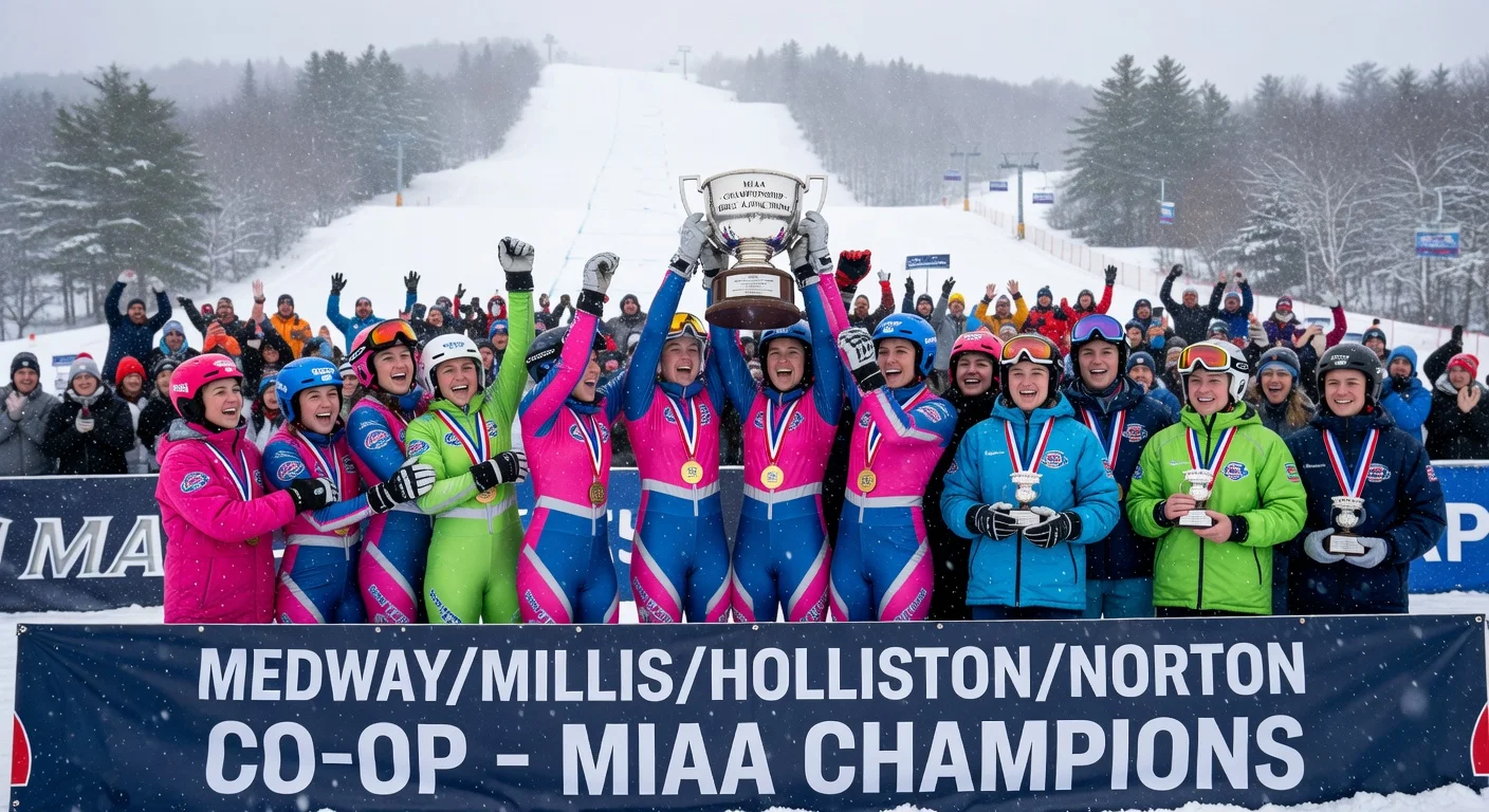 Medway co-op girls' ski team celebrates historic first MIAA alpine title at Wachusett Mountain with podium victory amid snow.