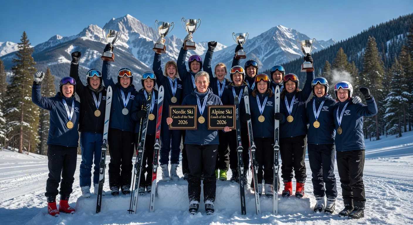 Summit High School skiers and Coach Eva Hagen celebrating all-state honors, skier of the year awards, and team championships on a snowy podium.