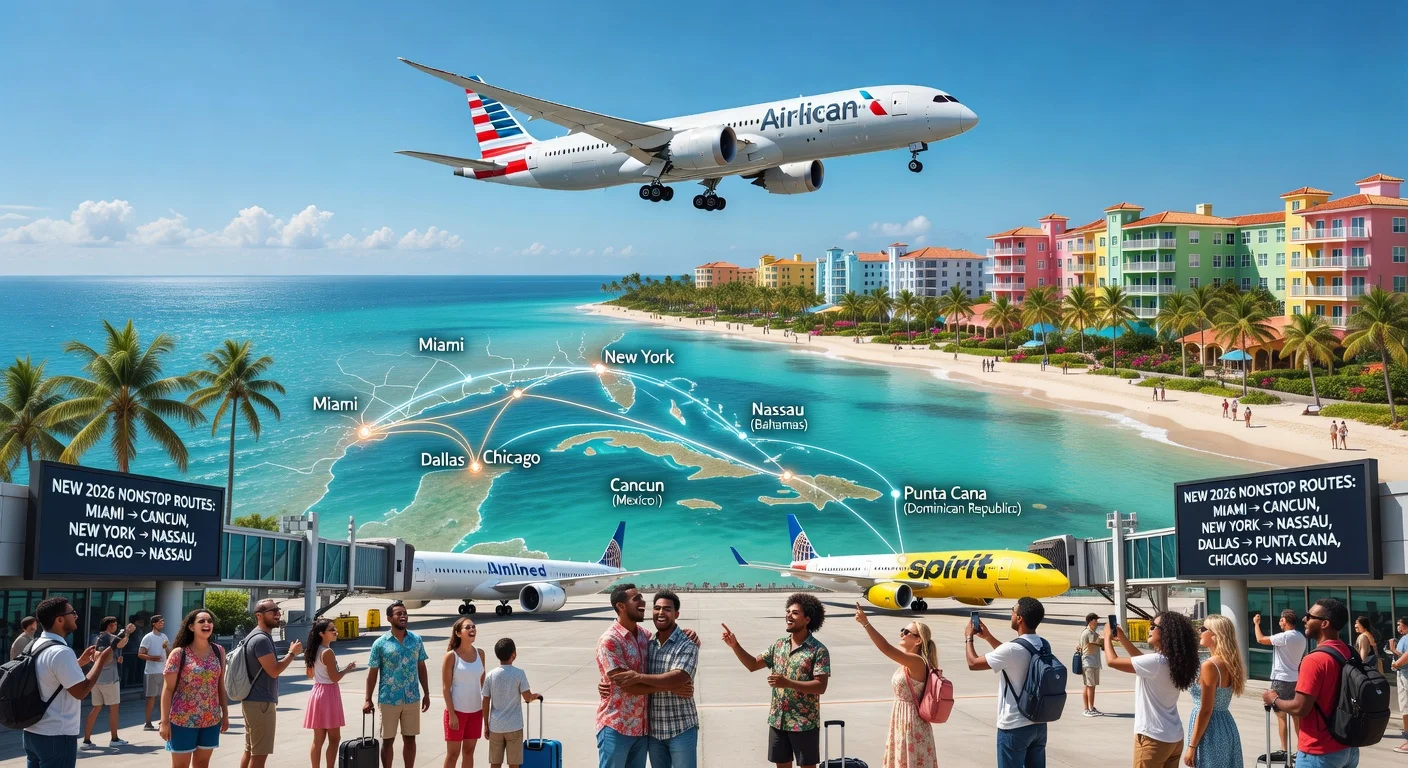 Illustration of new nonstop US flights boosting 2026 tourism to Mexico and Caribbean, showing airplanes over beaches, route maps, and happy travelers.