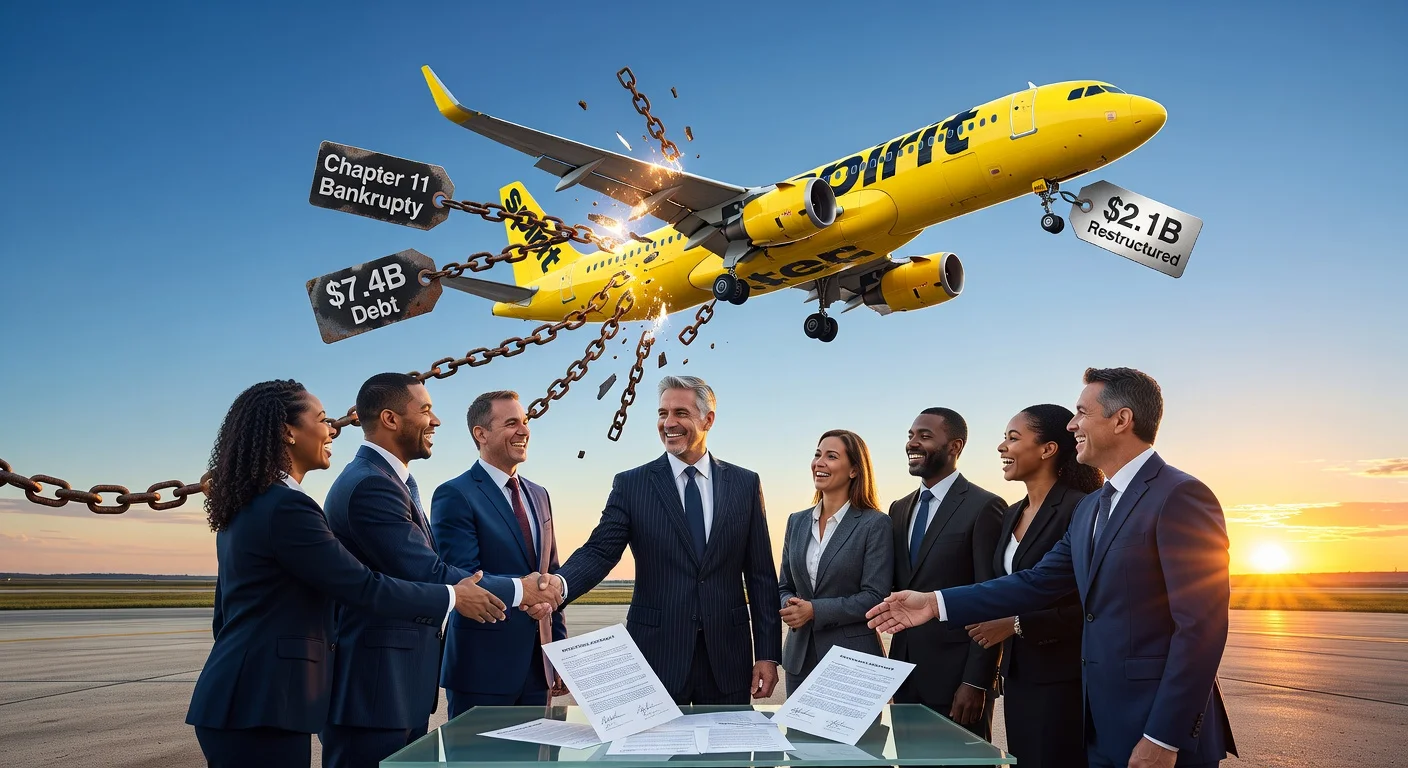 Symbolic illustration of Spirit Airlines plane breaking free from bankruptcy chains, with executives sealing debt-reduction deal.