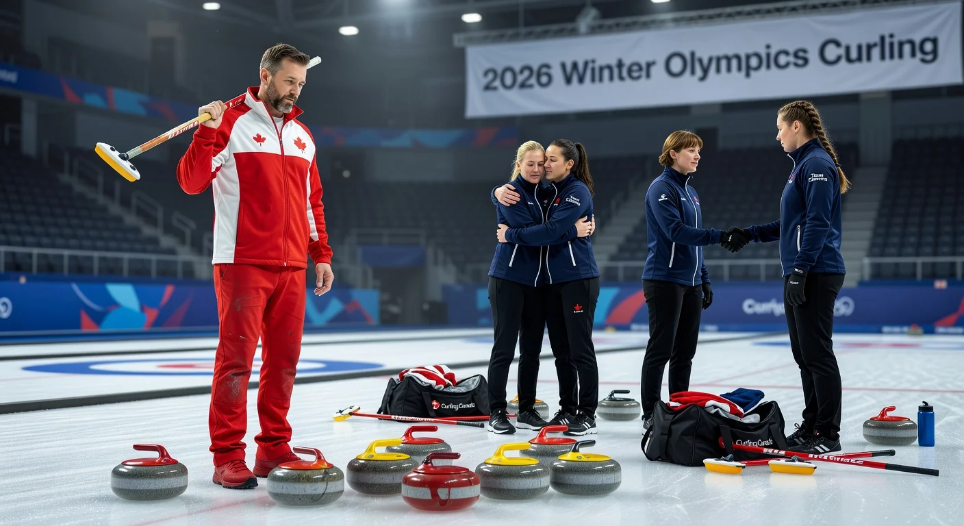 Reid Carruthers stands reflectively on a curling rink holding his broom, with Team Kate Cameron members hugging goodbye in the background, symbolizing retirement and team disbandment.