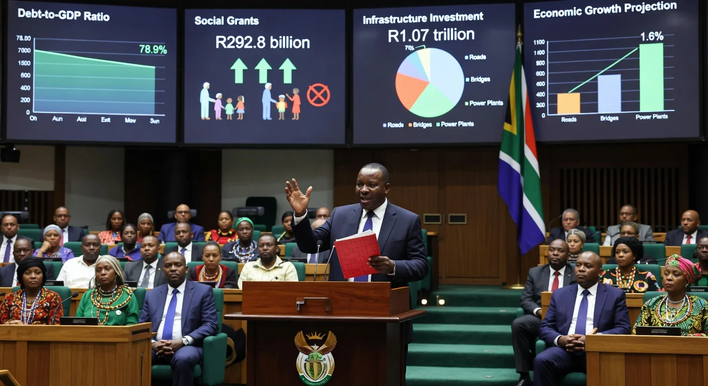 South African Finance Minister Enoch Godongwana presents the 2026 budget, highlighting debt stabilisation, social grants, and infrastructure investment.