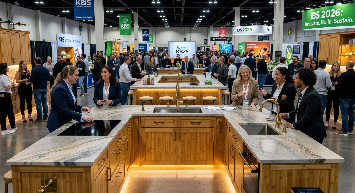 Bustling KBIS show in Orlando highlighting 2026 kitchen trends with sustainable, integrated designs and cozy interiors.