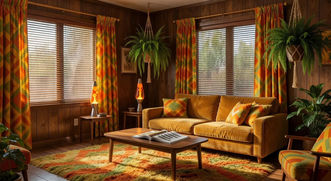 Photorealistic image of a modern living room featuring nostalgic 1970s decor like wood paneling, bold patterns, and retro furniture, illustrating the revival of vintage home design trends.