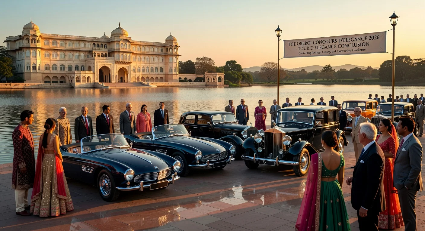 Classic cars lined up along Fateh Sagar Lake at the Oberoi Concours d’Elegance in Udaipur, with elegant attendees and luxurious hotel backdrop.